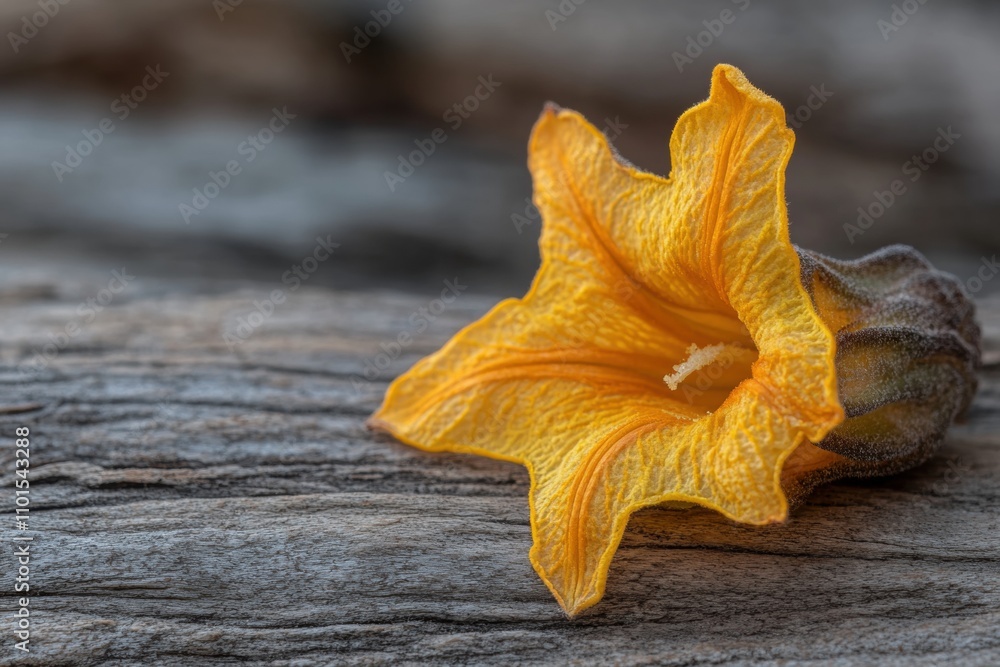 Fototapeta premium A vibrant yellow flower resting on textured wood.