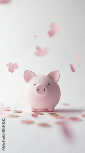 Cute piggy bank in pastel pink color with floating coins on light background, copy space, saving concept. Generative AI