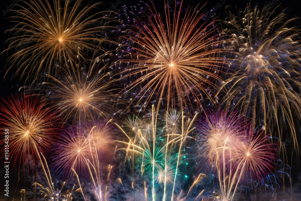 Magnificent New Year’s Eve Night Sky Brimming with Vibrant, Colorful Fireworks Display Celebrating the Festive Holiday Spirit Magnificent New Year’s Eve Night Sky Brimming with Vibrant, Colorful Fireworks Display Celebrating the Festive Holiday Spirit
