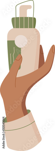 Cartoon hand holds antiaging makeup lotion bottle, isolated organic cosmetic cream tube, natural moisturizing hair care shampoo pack, flat eco beauty oil jar, vector illustration.