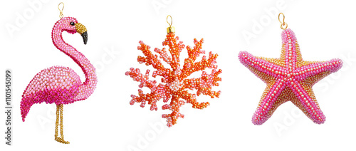 Fiesta Christmas Hanging Decoration, Pink Flamingo, Majestic Coral and Whimsical Sea Star. Clip art, isolated on white background. 