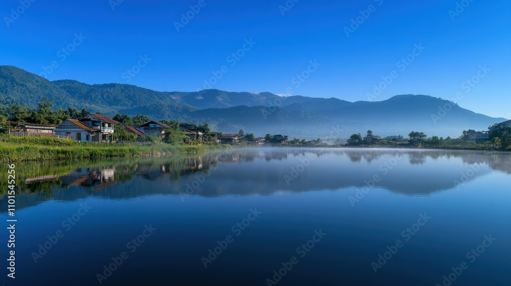 Calm Lake Reflecting Mountains And Houses At Dawn Calm Lake Reflecting Mountains And Houses At Dawn