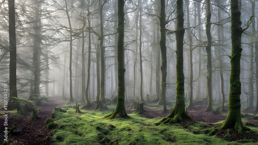Obraz premium Misty morning over the ancient woodlands of the ardennes in belgium, Ai Generated