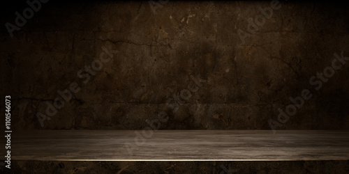Rustic stone wall and shelf with dramatic lighting for product display.