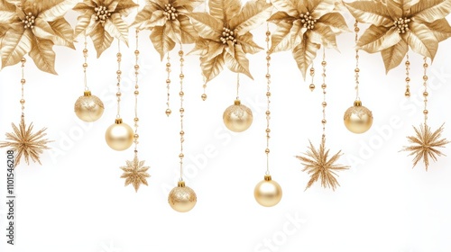Vertical decoration featuring golden poinsettias and sparkling ornaments, hanging beautifully, on white