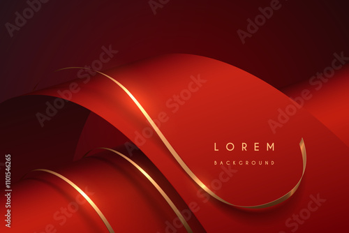 Abstract red waved shapes with golden ribbons