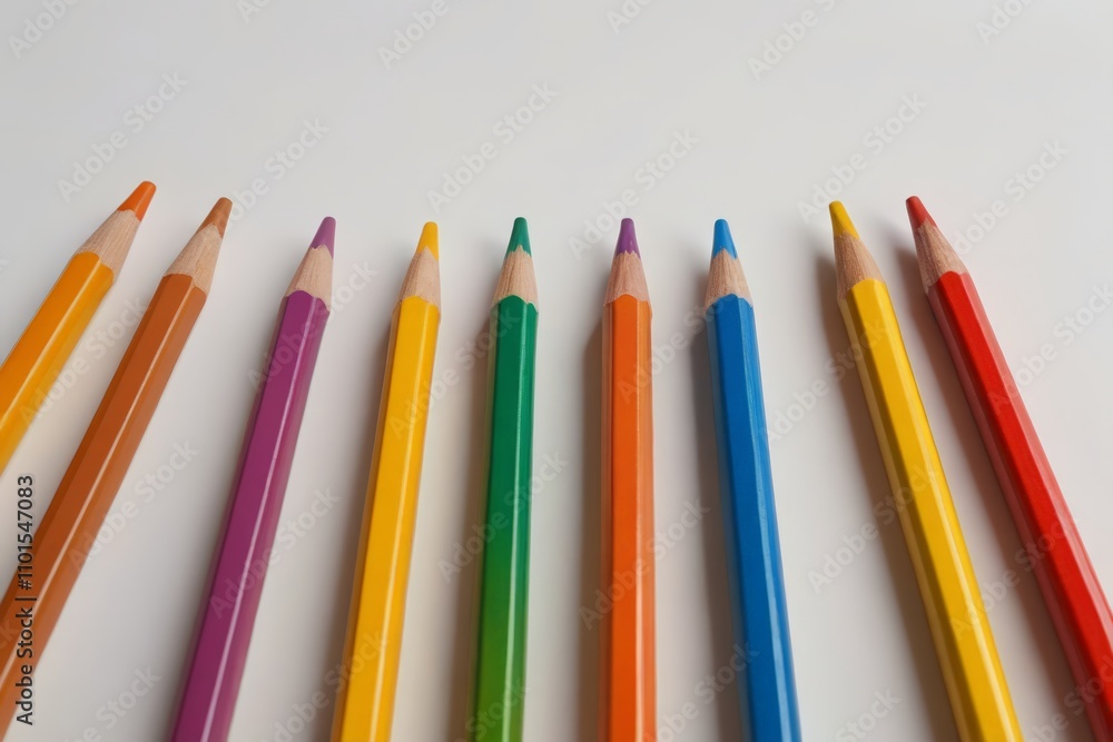 several colored pencils lined up in a row on a white surface several colored pencils lined up in a row on a white surface