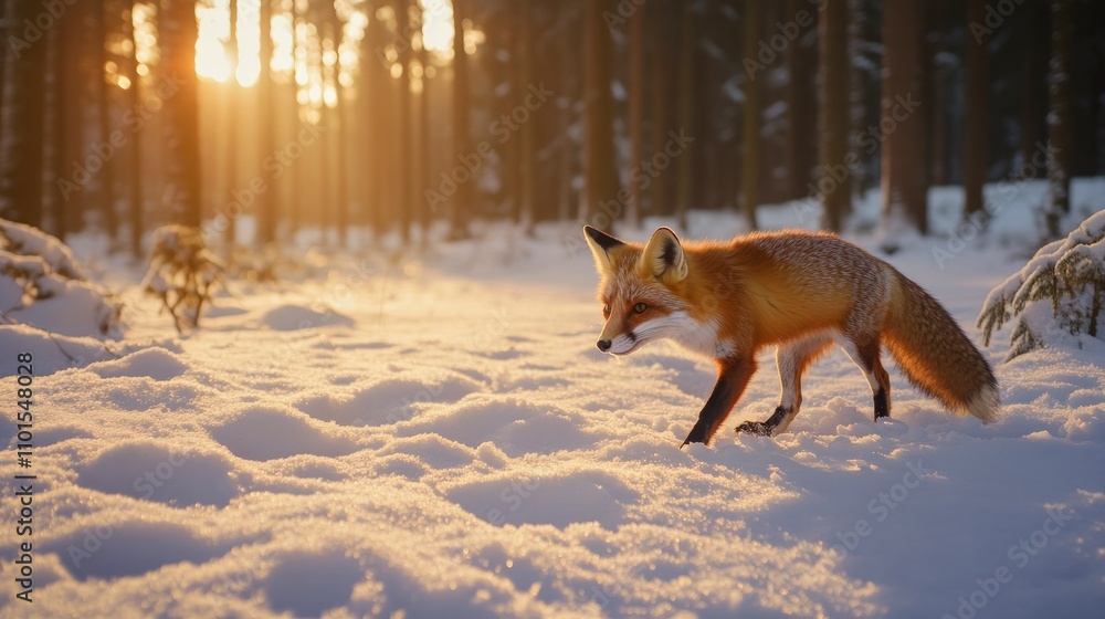 Fototapeta premium Majestic Red Fox Walking Through Snow-Covered Forest at Sunrise, Captured in Winter Serenity with Sunlight Streaming Through Trees