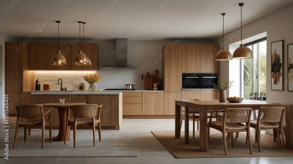 Modern kitchen and dining area with light wood cabinets, island, and pendant lights. Modern kitchen and dining area with light wood cabinets, island, and pendant lights.