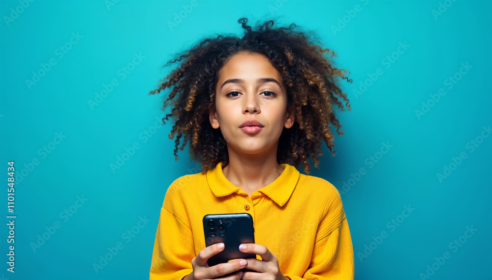 Confident Young Girl Holding Smartphone Against Blue Background