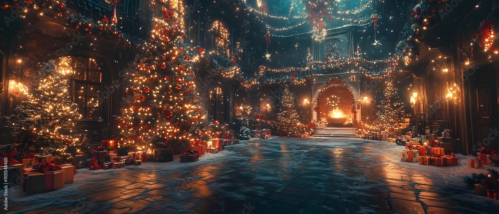 Obraz premium Interior shot of a large room with the lights on, a large, colorfully decorated Christmas tree, sunlight streaming in through the windows, and burning logs in the fireplace.