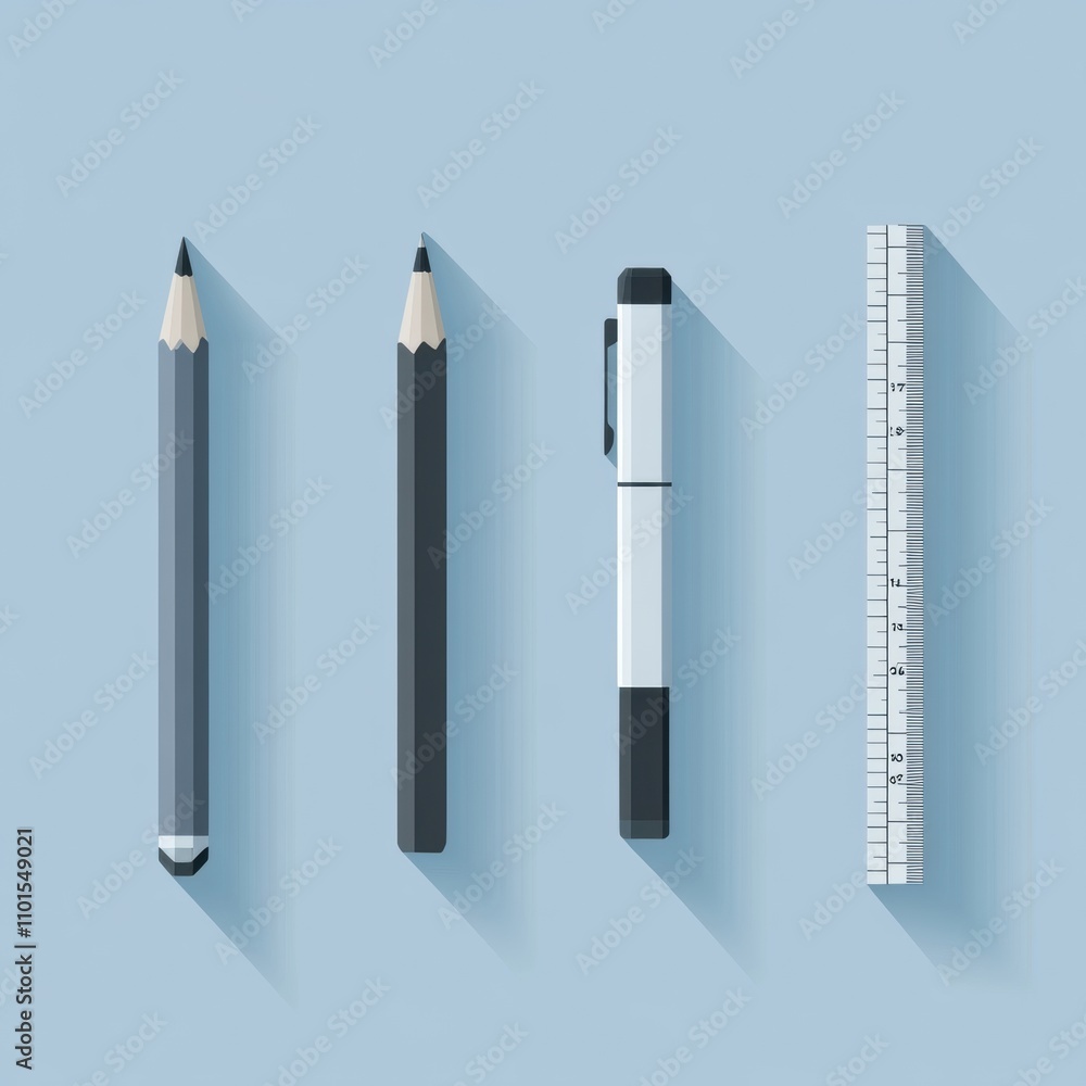 Modern Office Tools on Blue Background Featuring a Pencil, Drawing Pencil, Black Pen, and Ruler for Creative and Educational Purposes in Minimalist Design Modern Office Tools on Blue Background Featuring a Pencil, Drawing Pencil, Black Pen, and Ruler for Creative and Educational Purposes in Minimalist Design