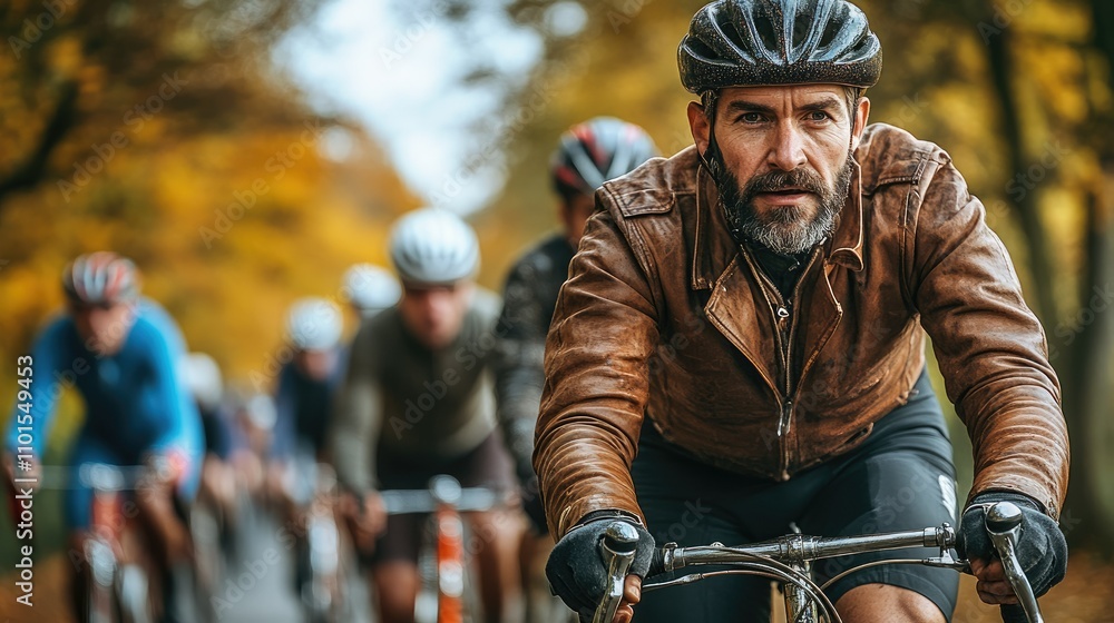 Fototapeta premium Cyclist leads a group ride through autumnal trees.