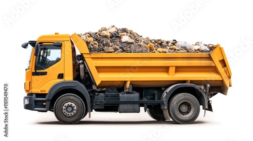 Orange dump truck filled with various construction debris and materials isolated on white background, side view.