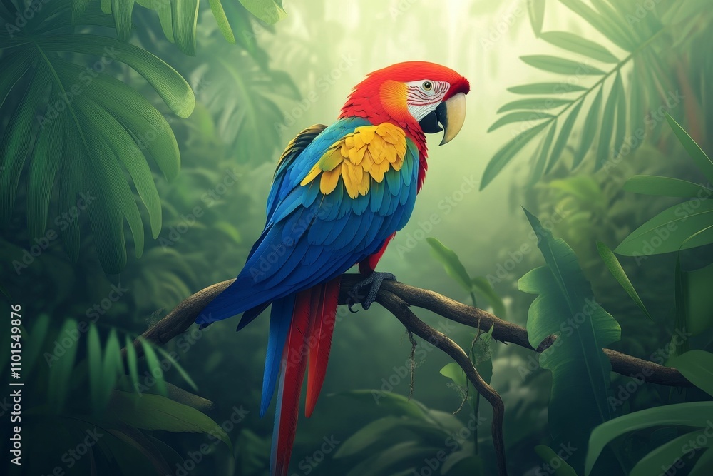 Fototapeta premium Vibrant macaw perched on branch, lush jungle.