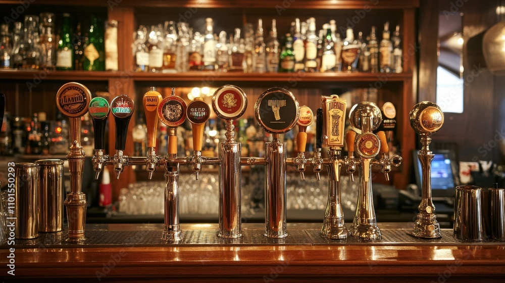 A row of gleaming beer taps in a stylish bar A row of gleaming beer taps in a stylish bar