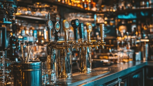 Golden Beer Taps Line Up In A Bar