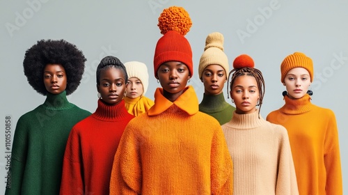 Group of diverse women in colorful knitted sweaters and hats, standing in a row against a light gray background, showcasing winter fashion and style variety. photo