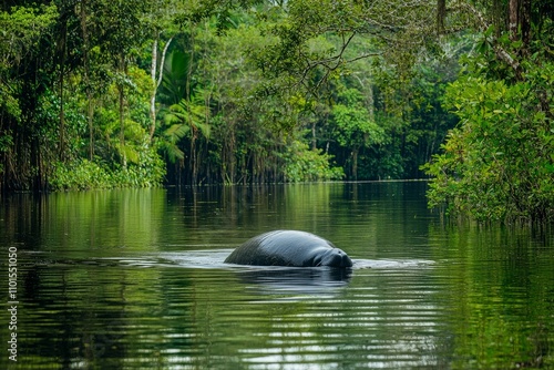 Manatee surfacing in lush green river. photo
