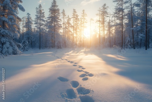 It is a beautiful and emotional winter natural scene with someone's footprints in the forest where heavy snow has fallen and the trees and fields have turned white.