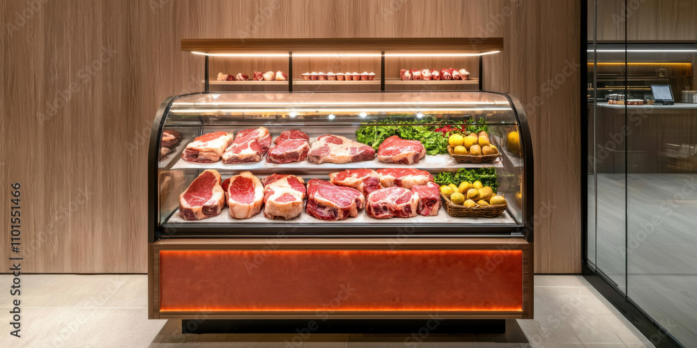 Premium cuts of meat displayed in clean, modern butcher shop Premium cuts of meat displayed in clean, modern butcher shop