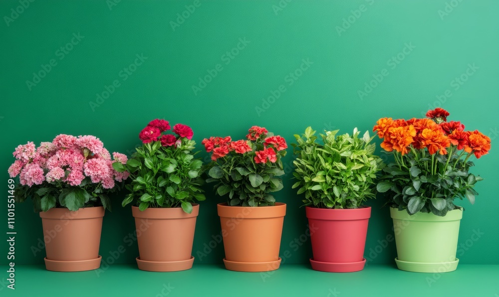 Naklejka premium Bright flower shop display with colorful flowers in pots against a green wall; fresh atmosphere