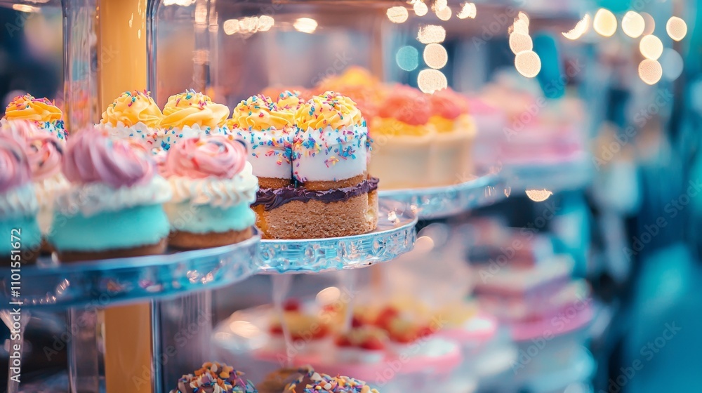 Colorful display of cupcakes with frosting and sprinkles Colorful display of cupcakes with frosting and sprinkles