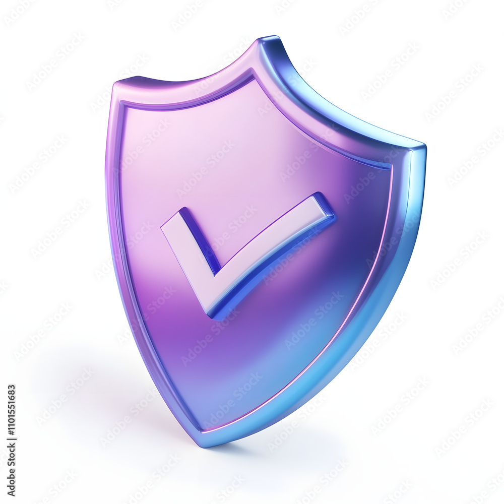 cartoon 3d Icon safety shield check mark perspective . Blue and purple symbol security safety icon. Checkmark in minimalistic style. 3d vector illustration. white background	