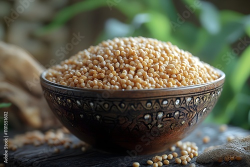 Photo of a wooden bowl full of grains like corn outdoors photo