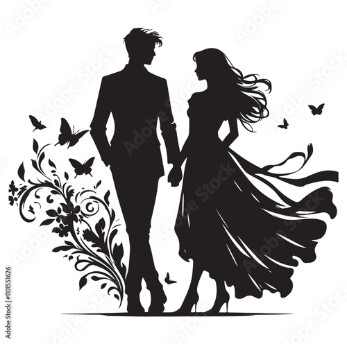 Couple standing silhouette vector illustration