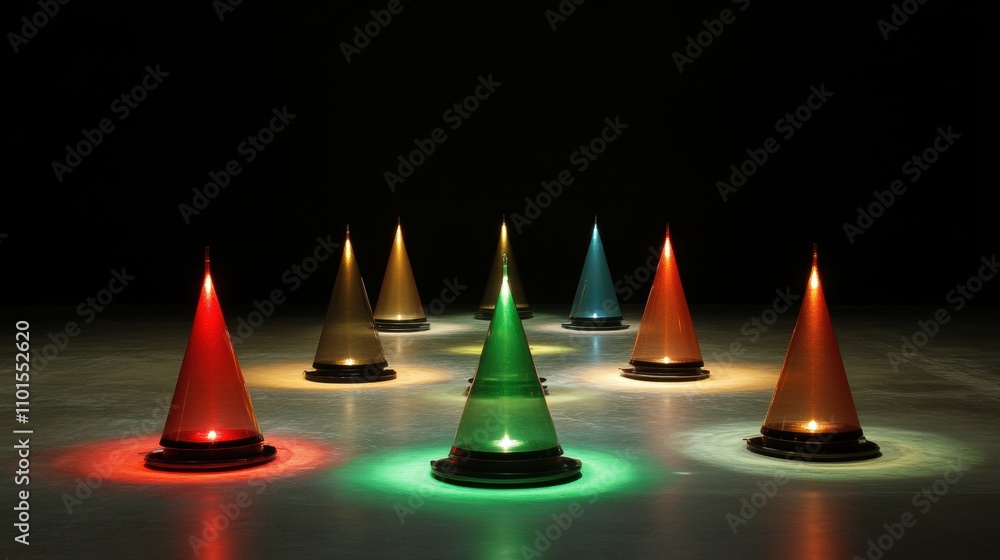 Colorful illuminated cones creating a mesmerizing light display against a dark background, highlighting vibrant colors and reflections in an artistic arrangement. Colorful illuminated cones creating a mesmerizing light display against a dark background, highlighting vibrant colors and reflections in an artistic arrangement.