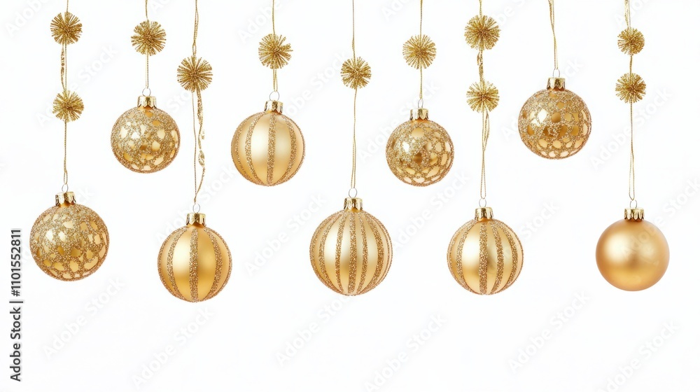 Vertical string of golden Christmas ornaments with sparkling glitter, hanging beautifully on a white backdrop Vertical string of golden Christmas ornaments with sparkling glitter, hanging beautifully on a white backdrop