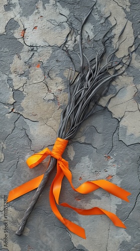 A handcrafted broom made of dark twigs tied with a vibrant orange ribbon lies on a textured, cracked stone surface. This striking design evokes a sense of Halloween magic, perfect for seasonal themes. photo