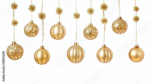 Vertical string of golden Christmas ornaments with sparkling glitter, hanging beautifully on a white backdrop