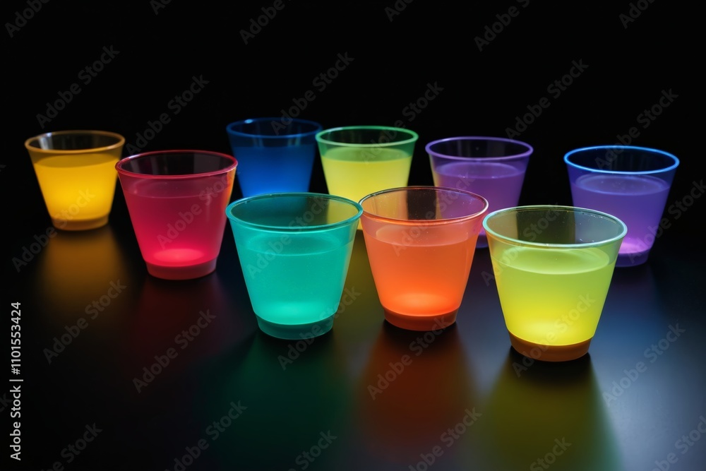 brightly colored shot glasses are lined up in a row