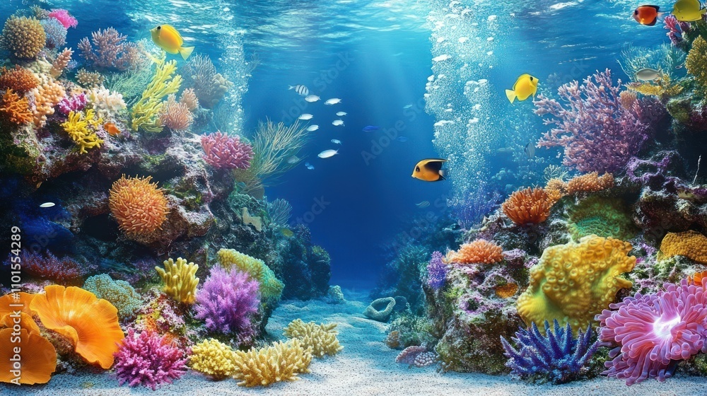 Naklejka premium Vibrant Coral Reef Scene With Colorful Fish And Marine Life
