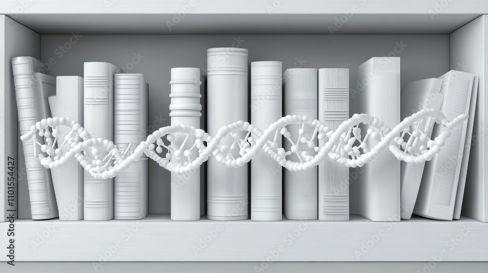 Creative representation of DNA structure intertwined with books on a shelf, symbolizing the connection between knowledge and genetics in a minimalist white aesthetic. Creative representation of DNA structure intertwined with books on a shelf, symbolizing the connection between knowledge and genetics in a minimalist white aesthetic.