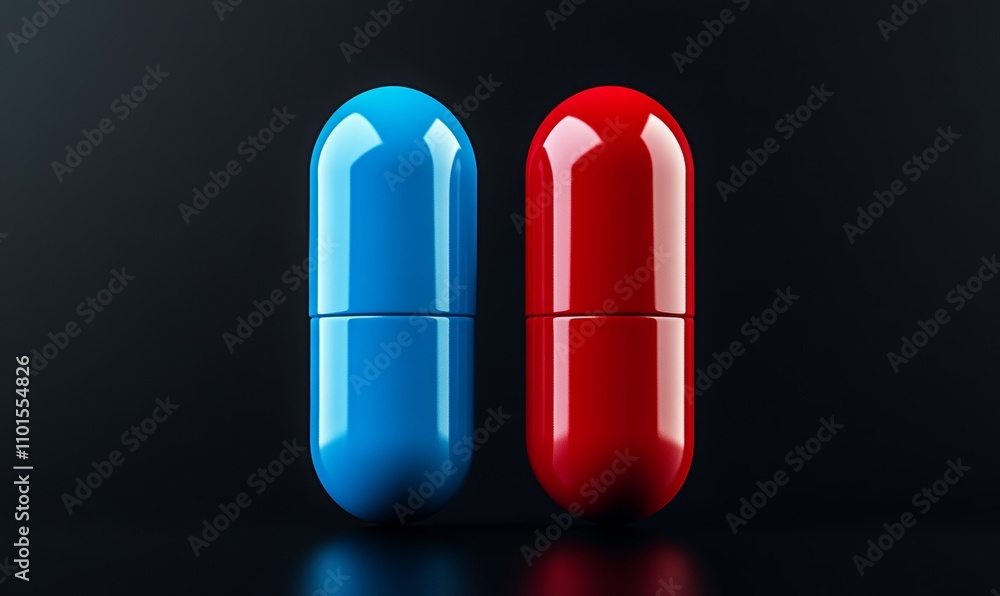 Futuristic image of red and blue capsules on dark background symbolizing choice; vibrant, high contrast Futuristic image of red and blue capsules on dark background symbolizing choice; vibrant, high contrast