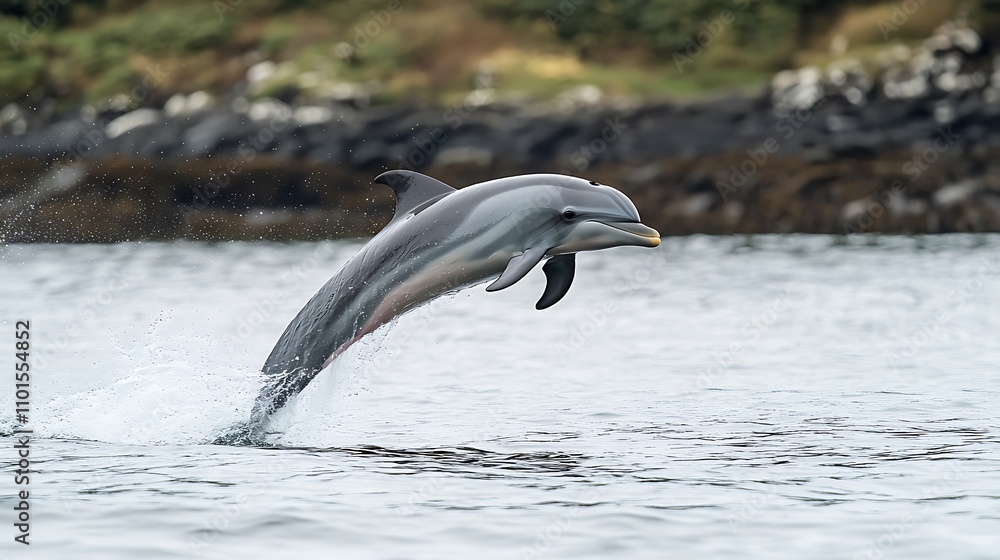 Obraz premium A dolphin leaping out of the water with a graceful arc, Perfect for ocean conservation or travel brands