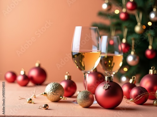 Elegant holiday celebration with festive ornaments and glasses of white wine on a seasonal table setting photo