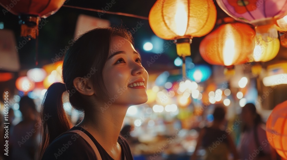 A candid shot of an Asian woman enjoying street food at a night market, her face lit by colorful lanterns and street vendors A candid shot of an Asian woman enjoying street food at a night market, her face lit by colorful lanterns and street vendors