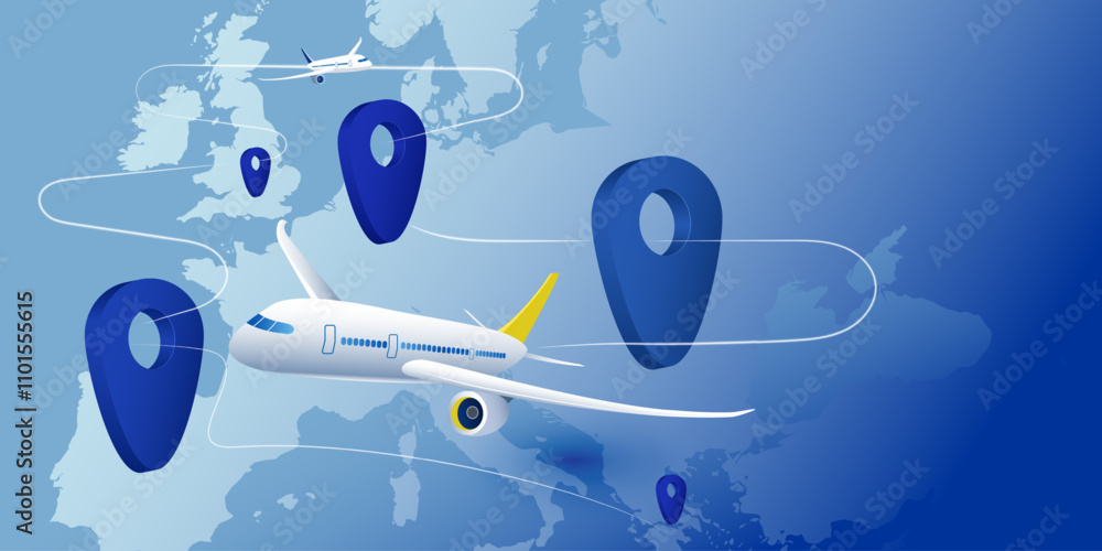 Fototapeta premium Passenger plane fly around EU Europe map point geolocation, tracking to different countries. Concept tourism, flight delivery, civil aviation, travel in Europe