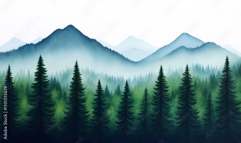 Fototapeta premium Misty mountain landscape with lush evergreens in calming green tones, featuring blues and subtle grays