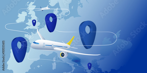 Passenger plane fly around EU Europe  map point geolocation, tracking to different countries. Concept tourism, flight delivery, civil aviation, travel in Europe
