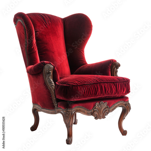 Luxurious Red Velvet Wingback Armchair with Ornate Hand-Carved Wooden Frame, Vintage Baroque-Style Accent Chair photo