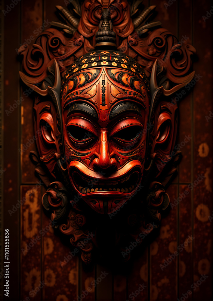 Naklejka premium Wooden tribal mask displayed on textured wall for Kwanzaa cultural significance 