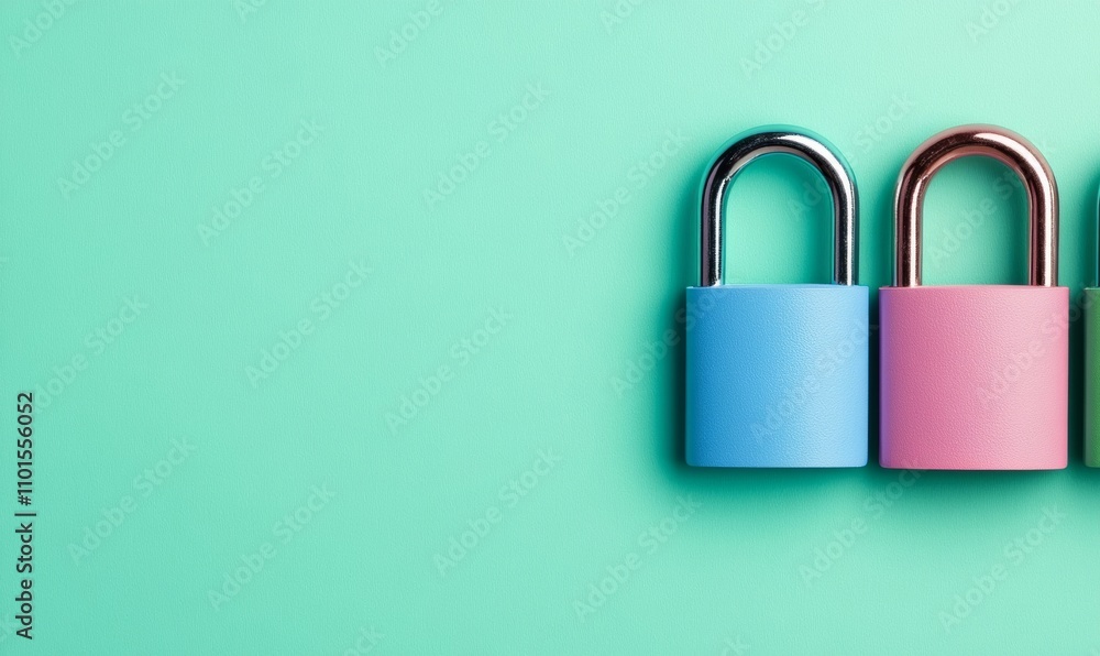 Neon padlocks in pink, blue, and green on a vibrant background symbolize security and protection Neon padlocks in pink, blue, and green on a vibrant background symbolize security and protection