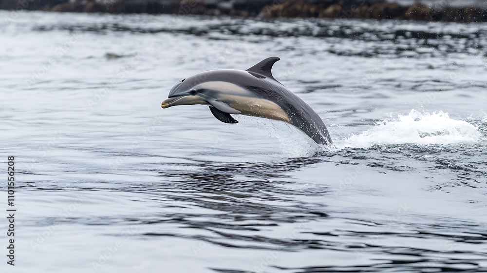 Obraz premium A dolphin leaping out of the water with a graceful arc, Perfect for ocean conservation or travel brands