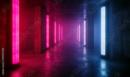 Underground venue with fog, pulsing lights, and concrete floors; grunge beats echo in neon colors 