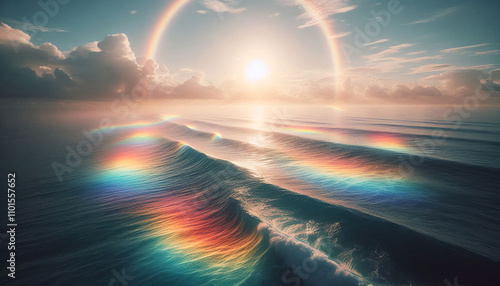 Early morning sunlight hitting the ocean horizon, with soft rainbow aberrations spreading over the water surface, creating a dreamy, natural seascape glow.